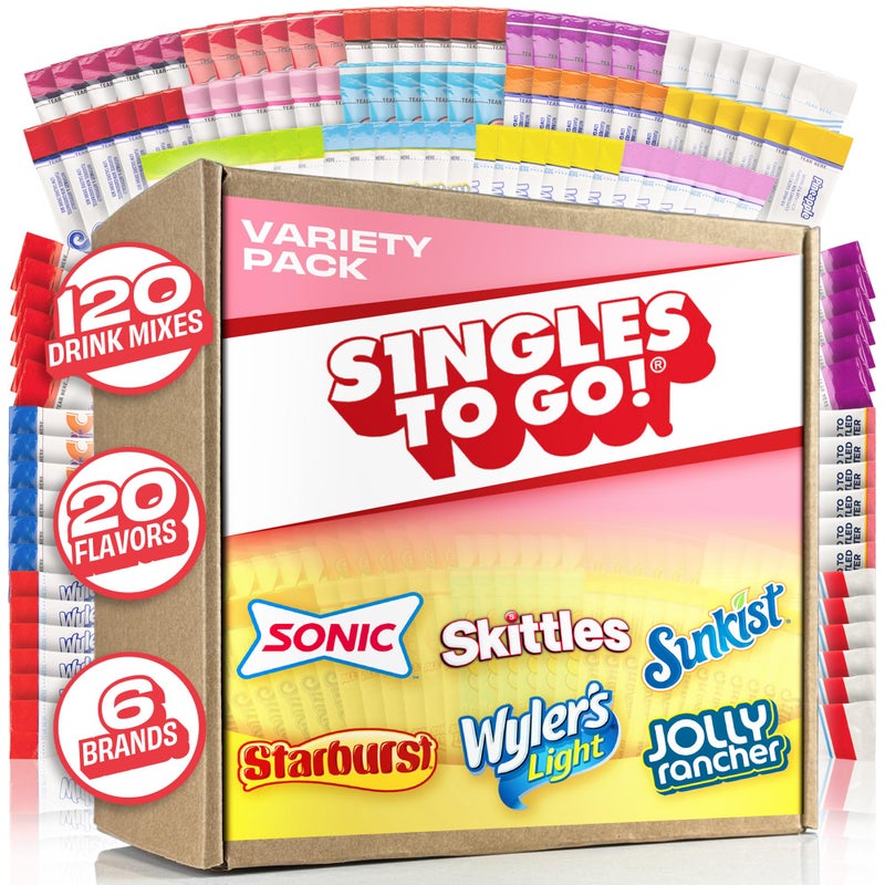 Singles To Go! 120ct Bulk Variety Pack - 20 Different Flavors from Skittles, Sonic, Sunkist, Starburst and More - Sugar Free Drink Mix Packets - Sugar Free Water Flavoring Packets - Image 1